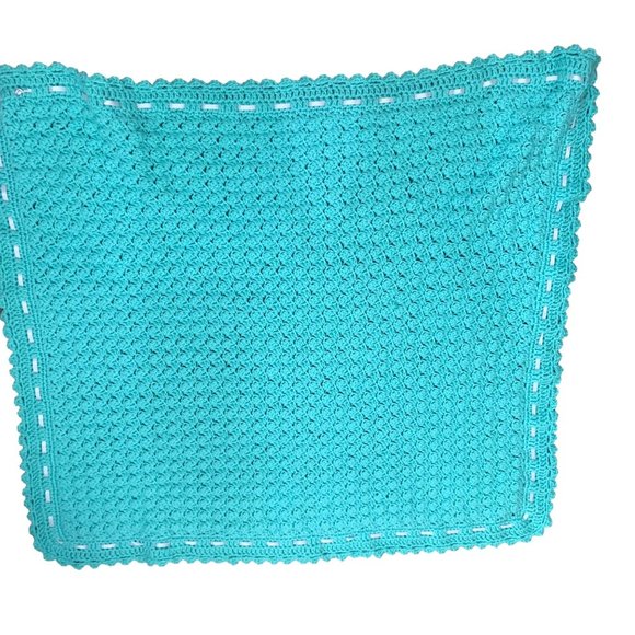 Handmade Crochet Sea Green Baby Blanket Ribbon Detail Scalloped Edge 41" X 34" - Picture 5 of 6